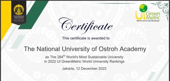 Острозька академія посіла 2 місце серед українських ЗВО світового рейтингу університетів IU GreenMetric 2022